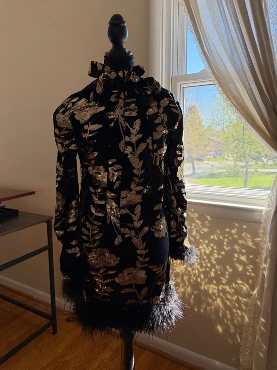 Ivy city co zarah black Mini Dress with Gold Floral Embroidery and Feather Trim - Picture 4 of 5